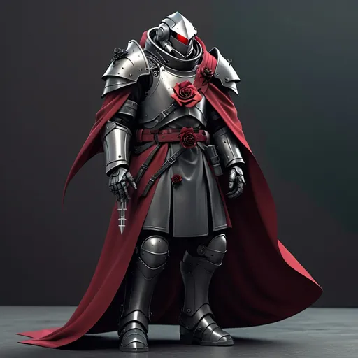 Prompt: Sci-fi Knight in power armor with a black rose sigil on chest with crimson shoulder cape and trench coat 