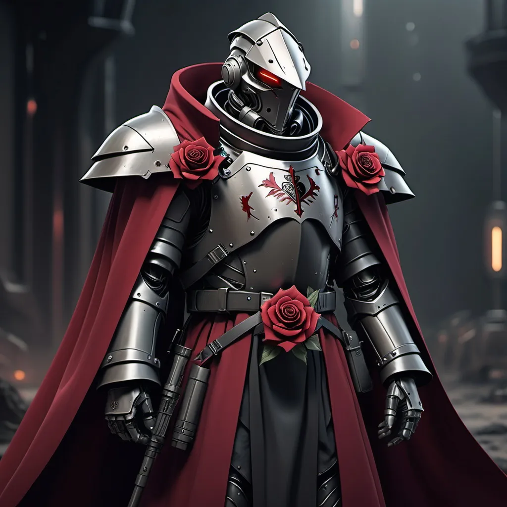 Prompt: Sci-fi Knight in power armor with a black rose sigil on chest with crimson shoulder cape and trench coat 