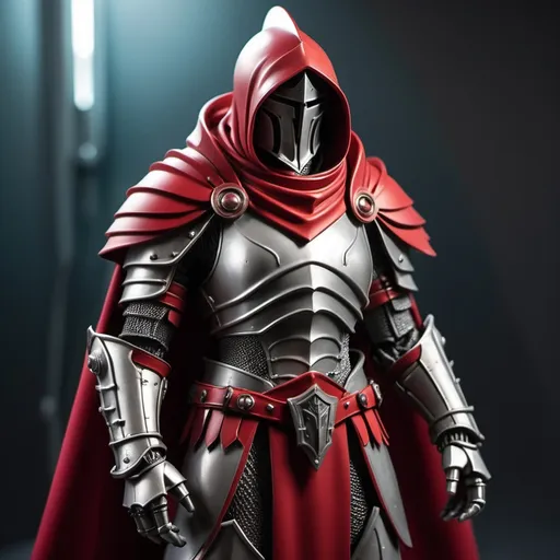 Prompt: Sci-fi Atlantian Knight with crimson shoulder cape and hood 