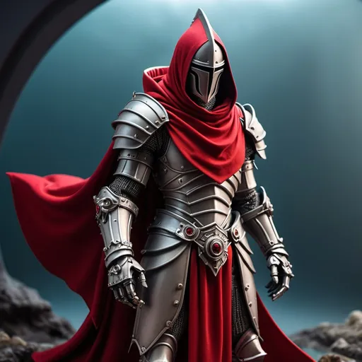 Prompt: Sci-fi Atlantian Knight with crimson shoulder cape and hood 