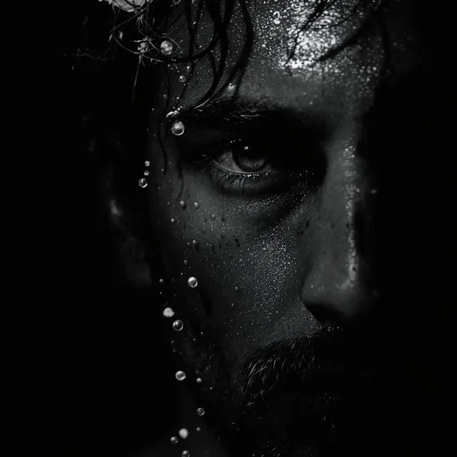 Prompt: Create a high-contrast black and white close-up portrait of the referenced man. The image should depict only the left half of his face, partially submerged in water, with water droplets and bubbles visible on his skin and hair. Illuminate the left side of the face dramatically, casting the rest into deep shadow. dark background. detail in skin texture, beard stubble, and eye focus to evoke a moody cinematic atmosphere. I:1 orientation
Do not change my face.that will look like me 