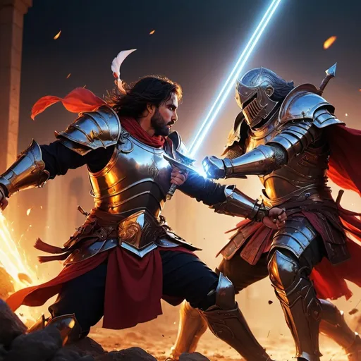 Prompt: Rostam dastan versus anime characters, digital painting, epic battle scene, high contrast lighting, dynamic poses, intense expressions, detailed armor and clothing, fantasy vs modern, vibrant colors, dramatic lighting, high quality, digital painting, epic battle scene, dynamic poses, intense expressions, detailed armor, fantasy vs modern, vibrant colors, dramatic lighting, anime vs legend, highres, vibrant, dramatic lighting