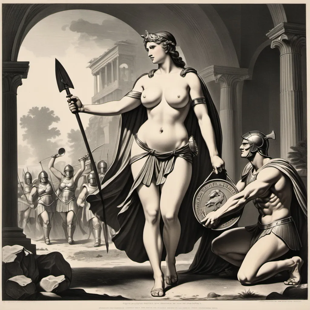 Prompt: Design an antique gravure print. The scene should depict a busty goddess handing a large bag of coins to a Spartan soldier wearing traditional armor, including a cape. The Spartan should have a powerful, heroic stance. The goddess should have a commanding presence, with an intense and fierce expression, symbolizing divine power and aggression. Behind the goddess, there should be a large, stylized tree, representing strength and nature, with a couple of men bowing in submission at her feet, signifying loyalty and devotion.  The overall design should include a clean, ornate border that references the style of vintage engravings but is simplified for clarity, making it suitable for vectorization. At the bottom of the design, include the Latin motto "Ruina Urbis" 