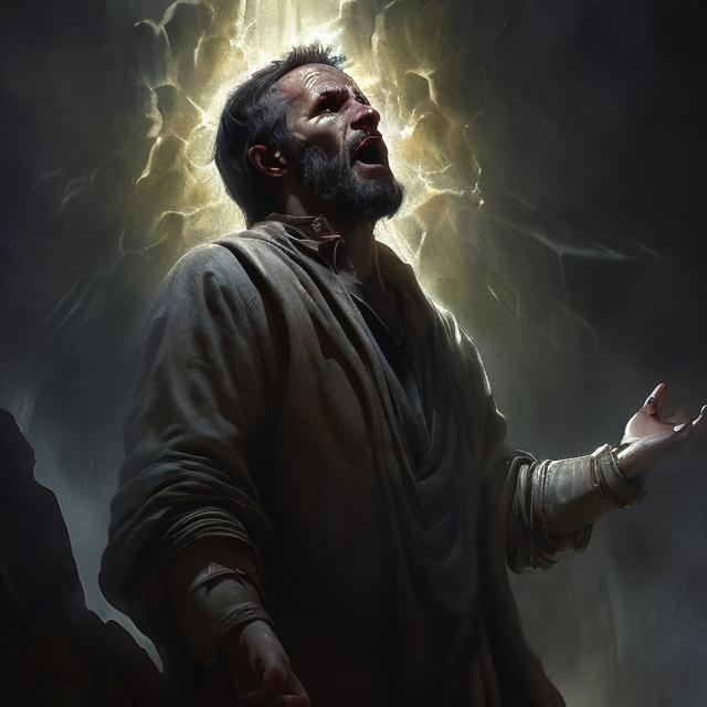 Prompt: High-quality digital painting of Job looking up at God, dramatic lighting casting deep shadows and bright highlights, biblical scene, realistic textures, emotive facial expressions, divine presence, spiritual atmosphere, dark tones, detailed clothing, ancient setting, faith, awe-inspiring, powerful storytelling, digital painting, dramatic lighting, biblical, emotive expressions, realistic textures, spiritual atmosphere