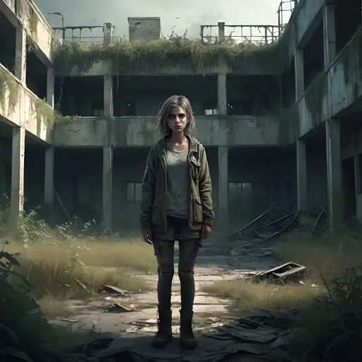 Prompt: High-quality digital illustration of a girl standing in front of a hospital ruins, post-apocalyptic setting, ragged clothes, desolate atmosphere, overgrown with vegetation, somber mood, detailed facial expression, haunting lighting, eerie ambiance, digital painting, atmospheric ruins, detailed character design, haunting, desolation, post-apocalyptic, highres, digital illustration, somber lighting, overgrown, haunting mood
