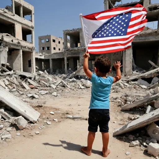 Prompt: a tattered child waves the American flag amongst the ruins in Gaza