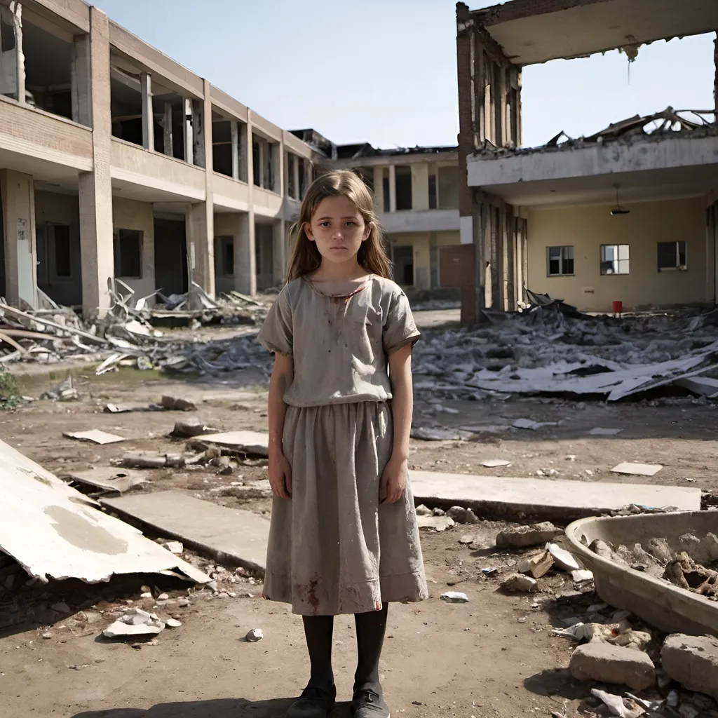 Prompt: A girl in ragged clothes stands before the remains of a hospital.