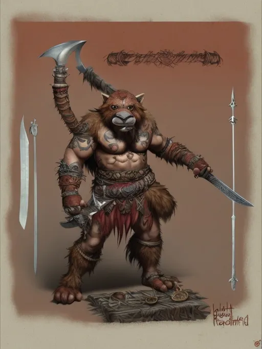 Prompt: Character design, bugbear, reddish fur, holding a sword in one arm, tribal marks and tattoo on chest.