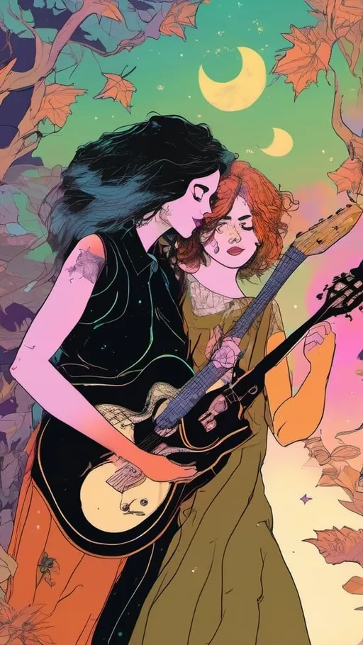 Prompt: Two women, two guitars. Magic flows through their finger tips. Magic flows through their hearts. It feels forbidden. Surrounded by foliage and starlight. Kiss me with your music . They look like Tegan and Sara