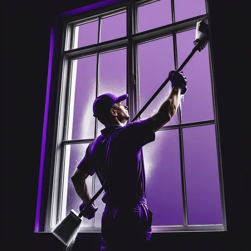 Prompt: create a picture window cleaner men, men cleaning window dark purple background