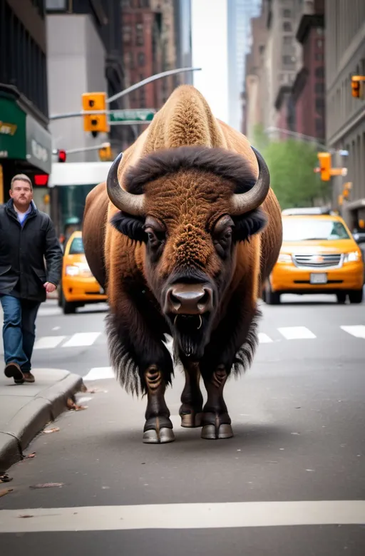 Prompt: An American bison is walking on the streets of Manhattan, New York. The four legs of the bison are clearly visible.