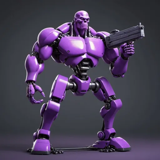 Prompt: a buff purple human named sqautto crushing a robotic tripod that has guns
