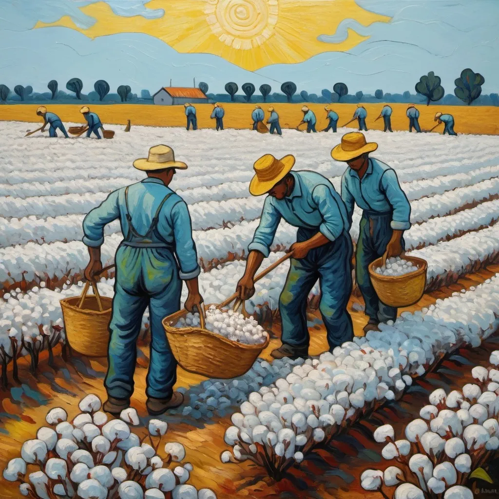 Prompt: Oil painting of workers picking cotton in the style of van Gogh 