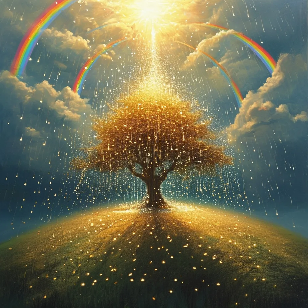 Prompt: A light of sparkles and gold spreading an energy over the land  and taking care of the earth with rainbows in the sky 