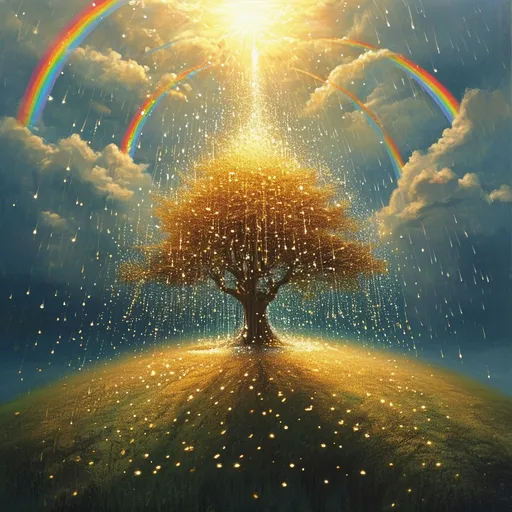 Prompt: A light of sparkles and gold spreading an energy over the land  and taking care of the earth with rainbows in the sky 