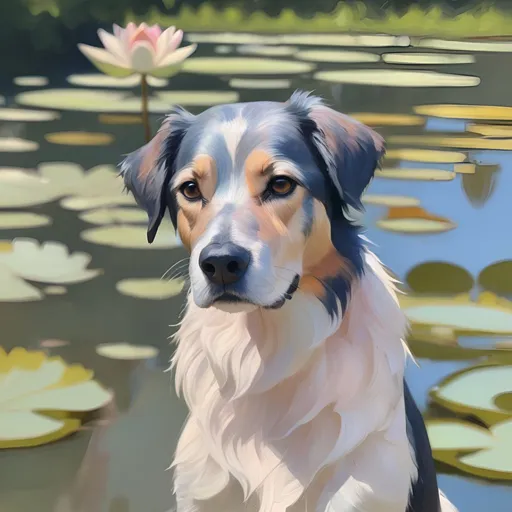 Prompt: Impressionist painting of a dog near a serene water lily pond, vibrant brushstrokes, soft pastel hues, sunlight dappled water, lush foliage, Monet-inspired, high quality, impressionist style, serene atmosphere, soft color palette, artistic brushwork, tranquil setting, light and shadow play, peaceful ambiance