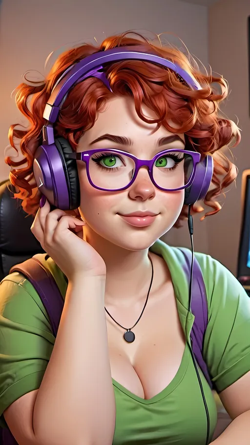 Prompt: Cute Disney style cartoon gamer girl, short red curly hair, adult woman, plus size, green eyes, wearing purple glasses and a gaming headset 