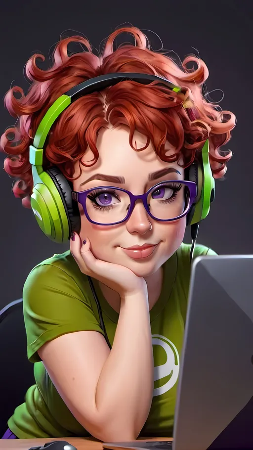Prompt: Cute cartoon gamer girl, short red curly hair, adult woman, plus size, green eyes, wearing purple glasses and a gaming headset 
