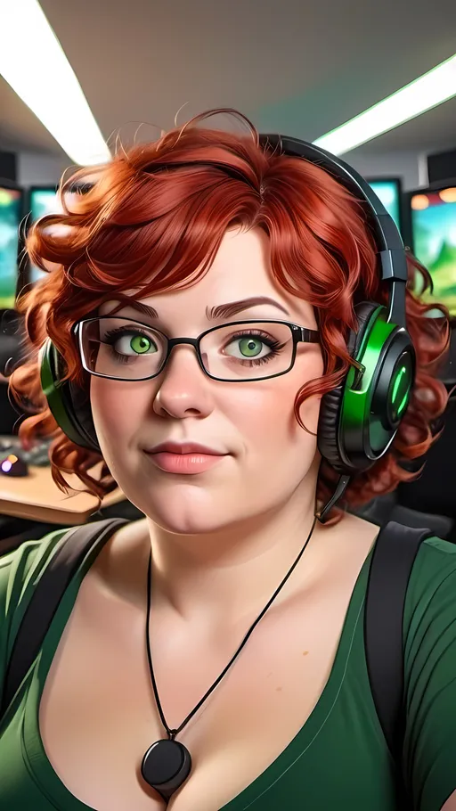 Prompt: Cartoon style, Mature plus size gamer girl with green eyes and red curly short hair