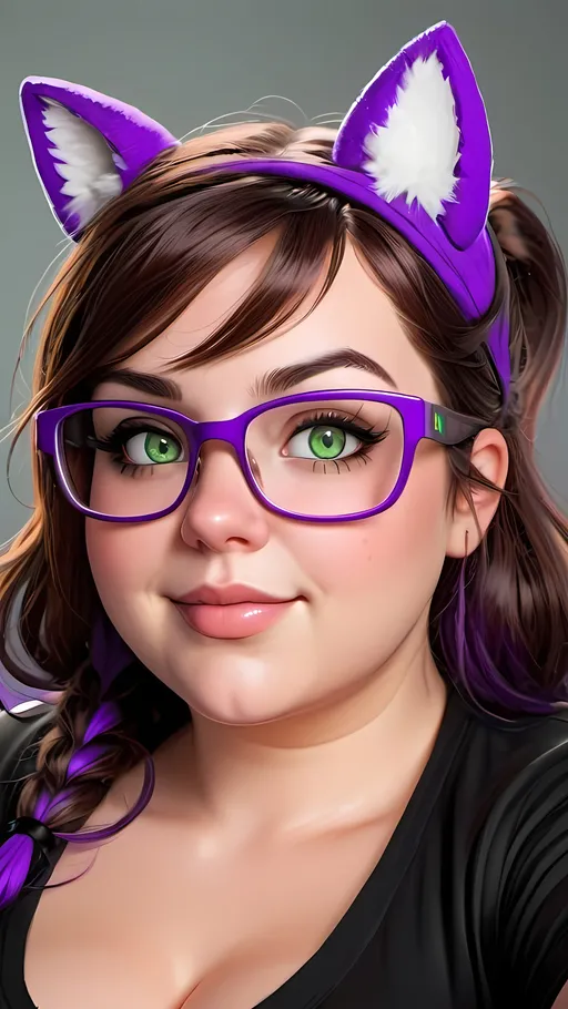 Prompt: Cute cartoon gamer girl, adult woman, plus size, green eyes, wearing purple glasses