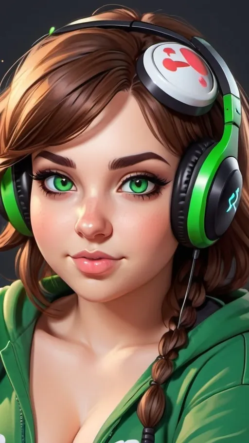 Prompt: Cute cartoon gamer girl, adult woman, plus size, green eyes