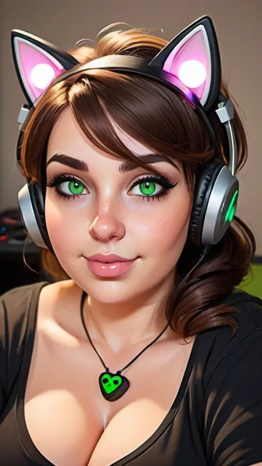 Prompt: Cute cartoon gamer girl, adult woman, plus size, green eyes