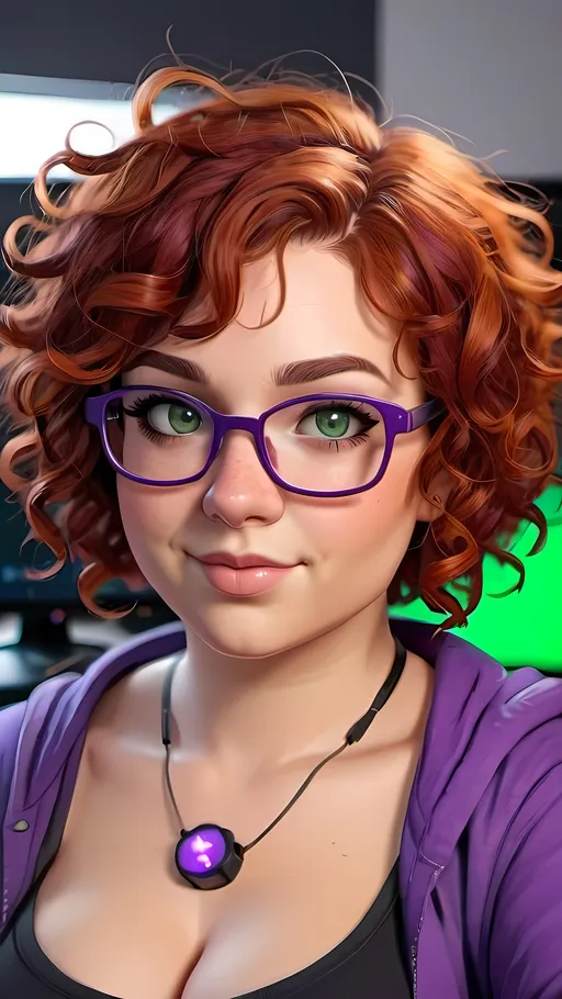 Prompt: Cute cartoon gamer girl, short red curly hair, adult woman, plus size, green eyes, wearing purple glasses