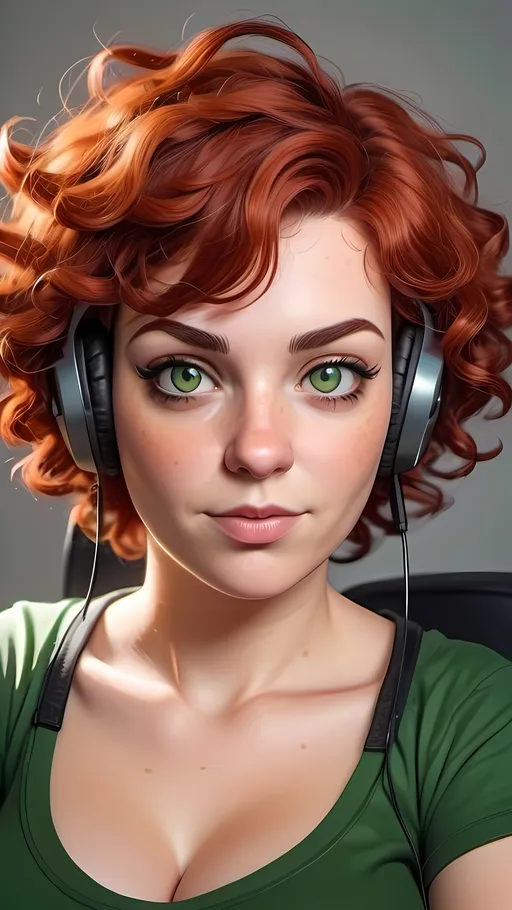 Prompt: Cartoon style, Mature plus size gamer girl with green eyes and red curly short hair
