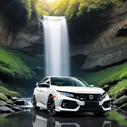 Prompt: Generate me a photo of Honda civic with a background waterfall