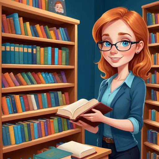 Prompt: Clip art of a (librarian putting books on a tall shelf), detailed facial features, (reddish blond hair), (big blue eyes), cozy library background with warm lighting, bookshelves overflowing with colorful books, inviting atmosphere, cheerful vibe, illustrations vibrant color palette, cute and stylized design, (HD) quality, eye-catching illustration suitable for children's themes.