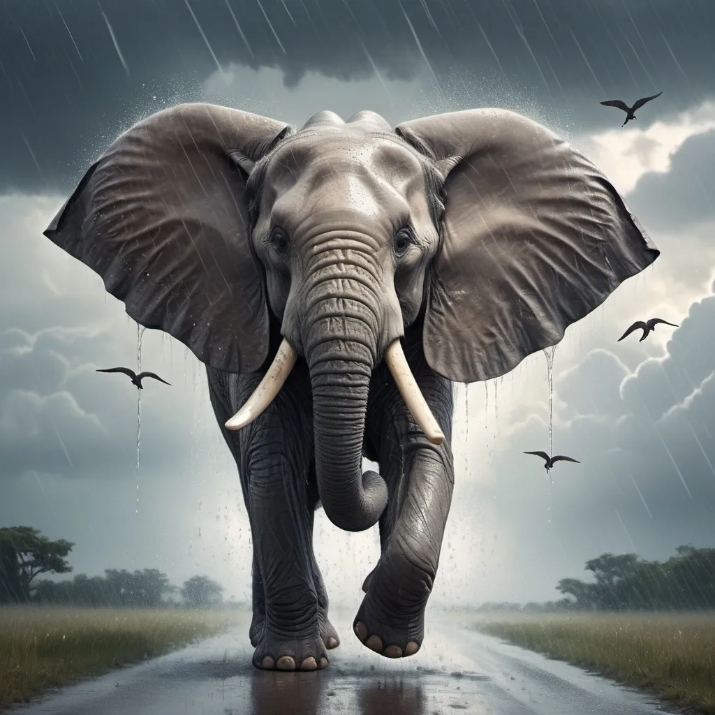 Flying elephant with long trunk and big tusks, using