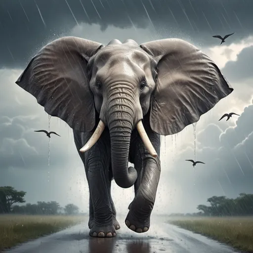 Prompt: Flying elephant with long trunk and big tusks, using ears as wings, clouded sky with drizzling rain, flying birds, high quality, detailed, surreal, dreamy, cloudy sky, rain drizzle, elephant with wings, majestic, whimsical, fantasy, ethereal lighting