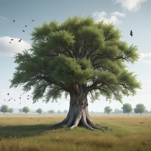 Prompt: A photo realistic lonely tree in a grassland with lot of branches and dense leaves. The trunk has two holes where birds find their nest.