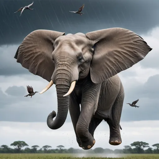 Prompt: A flying elephant with long trunk and big tusks. It uses its ears as wings. The background should be a clouded sky with rain drizzling. There could be couple of flying birds around.