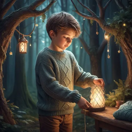 Prompt: Fantasy illustration of a boy putting on a jumper, magical forest setting, soft and warm lighting, detailed fabric textures, cozy atmosphere, high quality, fantasy, detailed clothing, magical lighting, enchanting, warm tones