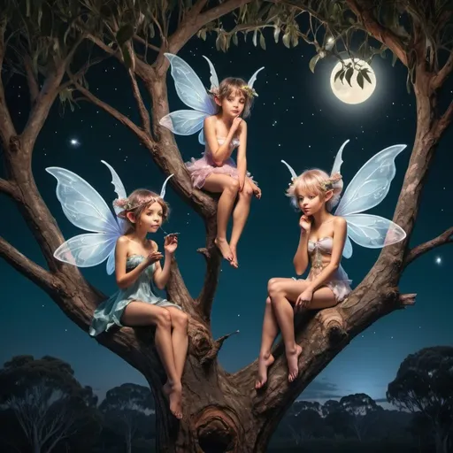 Prompt: Fantasy fairies sitting in a gum tree at night