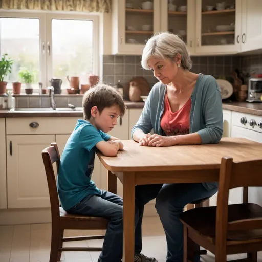 Prompt: Fantasy boy seated leaning over kitchen table his mum is talking to him