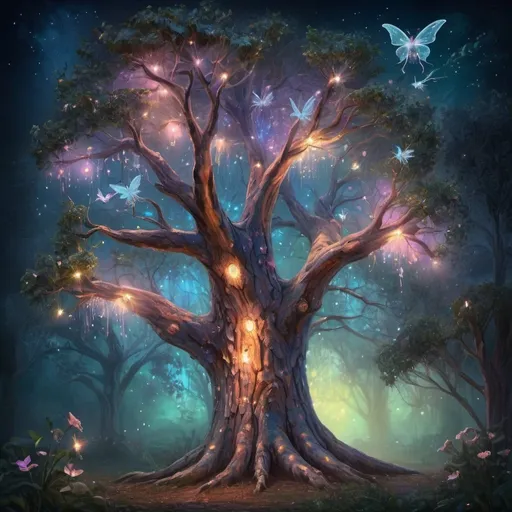 Prompt: Gum tree with fairies at night, digital painting, detailed tree bark, enchanting fairy wings, mystical atmosphere, high quality, fantasy, night scene, ethereal glow, magical, whimsical, vibrant colors, atmospheric lighting