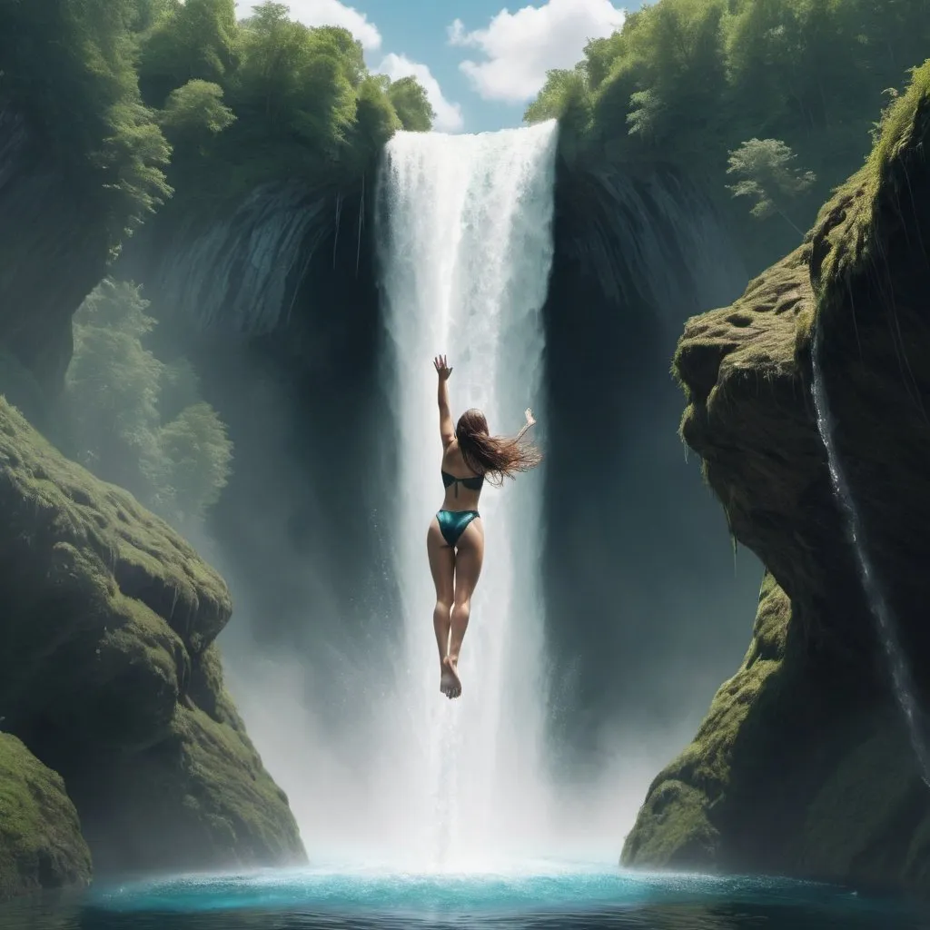 Prompt: fantasy scene of a woman diving from the top of a waterfall