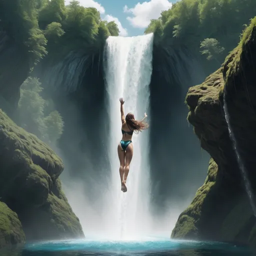 Prompt: fantasy scene of a woman diving from the top of a waterfall