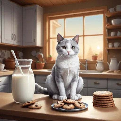 Prompt: Fantasy illustration of a grey and white cat sitting on a kitchen table, milk and cookies on the table, warm amosphere