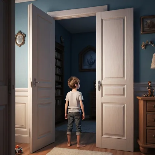 Prompt: Fantasy a boy looking out of his bedroom door