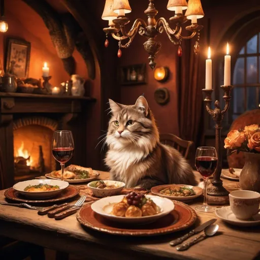 Prompt: Fantasy dinner table with a cozy cat, warm lighting, detailed food spread, high quality, fantasy, warm tones, cozy atmosphere, detailed fur, magical ambiance, whimsical, detailed dinnerware and cutlery, rich colors, atmospheric lighting