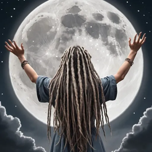 Prompt: Fantasy illustration of nana with long grey dreadlocks, raising her hands to the sky, looking at a full moon, you cannot see her face only the back of her