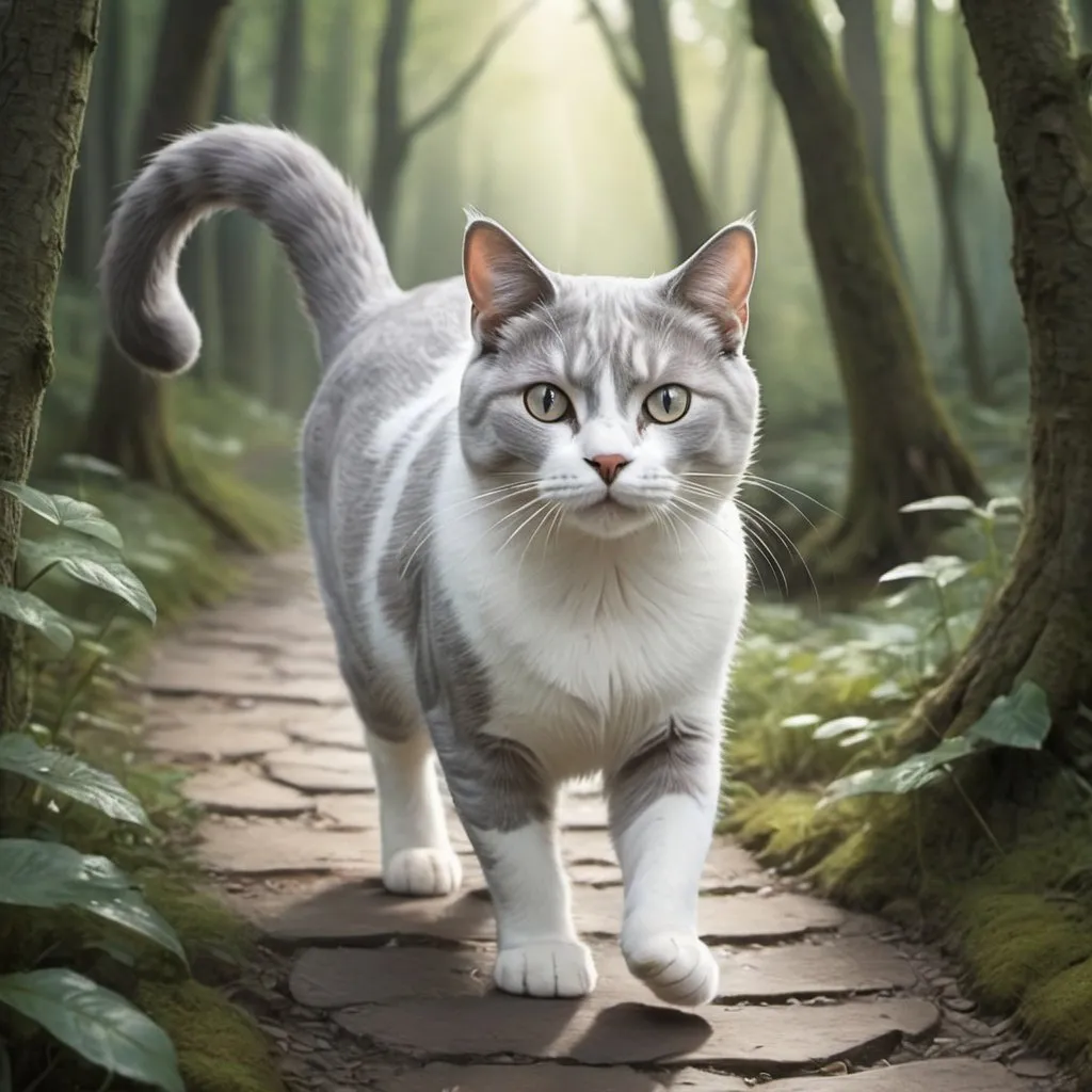 Prompt: Fantasy illustration of a grey and white cat walking along a path in the woods