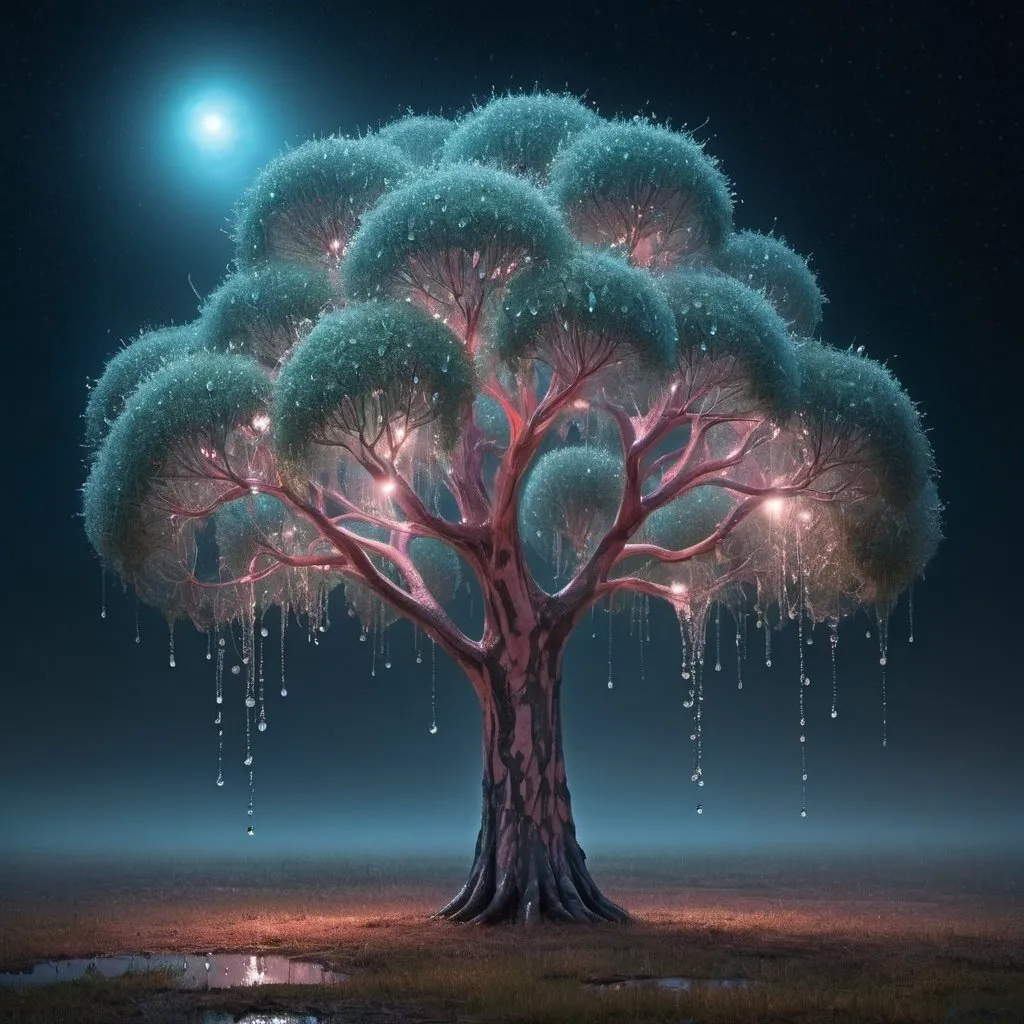 Prompt: Fantasy a gum tree with dew drops shining at night
