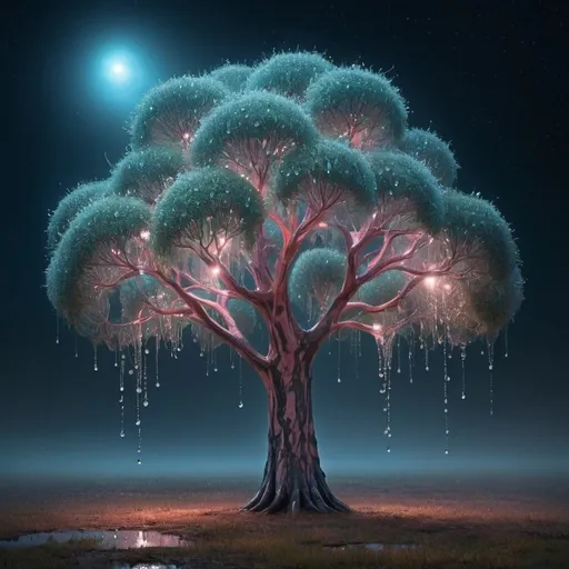 Prompt: Fantasy a gum tree with dew drops shining at night