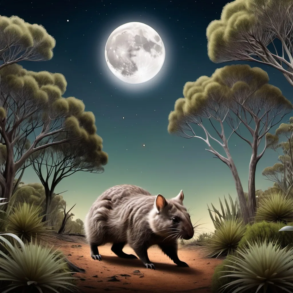 Prompt: fantasy image of bushland with a moon in the sky and a wombat