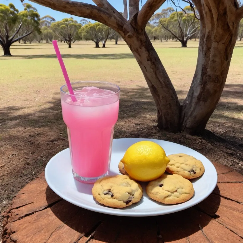 Prompt: Cookies and Pink lemonade under a gum tree fantasy 