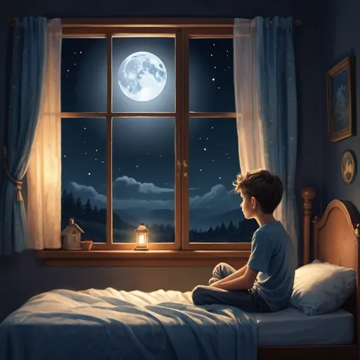 Prompt: Fantasy illustration of a boy sitting on his bed at night looking out of his window at a full moon, warm amosphere
